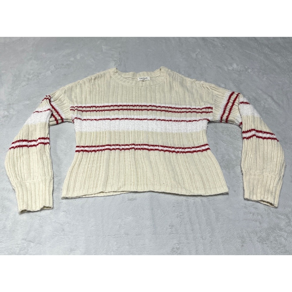 Full Circle Trends Sweater Womens Large Cream Striped Ribbed Knit Crew Neck